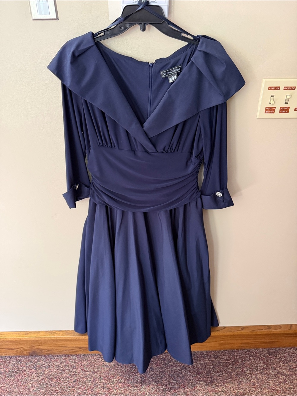 Jessica Howard Navy Blue Long Sleeve Draped Waist Dress